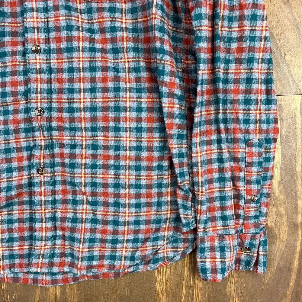 J Crew Mens Flannel Shirt Multicolor Green Gray Orange Plaid Slim Button Down L